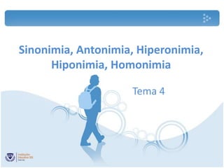 Sinonimia, Antonimia, Hiperonimia,
      Hiponimia, Homonimia

                    Tema 4
 