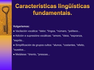 Vulgarismos:
● Vacilación vocálica: *delor, *língoa, *númaro, *políteco...
● Adición e supresións vocálicas: *amore, *ideia, *espranza,
*esprito...
● Simplificación de grupos cultos: *alunos, *costantes, *efeito,
*ouxetos...
● Metátese: *drento, *presoas...
 