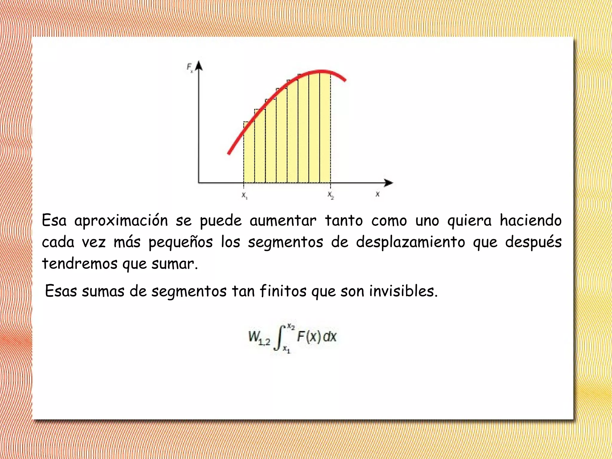 Esa aproximación se puede aumentar tanto como uno quiera haciendo
cada vez más pequeños los segmentos de desplazamiento que después
tendremos que sumar.
Esas sumas de segmentos tan finitos que son invisibles.
 