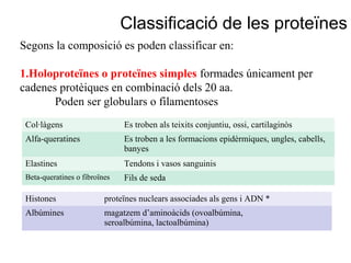 Classificació de les proteïnes
Segons la composició es poden classificar en:

1.Holoproteïnes o proteïnes simples formades únicament per
cadenes protèiques en combinació dels 20 aa.
       Poden ser globulars o filamentoses
 Col·làgens                    Es troben als teixits conjuntiu, ossi, cartilaginòs
 Alfa-queratines               Es troben a les formacions epidèrmiques, ungles, cabells,
                               banyes
 Elastines                     Tendons i vasos sanguinis
 Beta-queratines o fibroïnes   Fils de seda

 Histones                 proteïnes nuclears associades als gens i ADN *
 Albúmines                magatzem d’aminoàcids (ovoalbúmina,
                          seroalbúmina, lactoalbúmina)
 