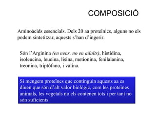 COMPOSICIÓ

Aminoàcids essencials. Dels 20 aa proteinics, alguns no els
podem sintetitzar, aquests s’han d’ingerir.


 Són l’Arginina (en nens, no en adults), histidina,
 isoleucina, leucina, lisina, metionina, fenilalanina,
 treonina, triptófano, i valina.

 Si mengem proteïnes que continguin aquests aa es
 diuen que són d’alt valor biològic, com les proteïnes
 animals, les vegetals no els contenen tots i per tant no
 són suficients
 