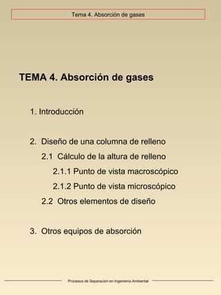 Procesos de Separación en Ingeniería Ambiental
TEMA 4. Absorción de gases
1. Introducción
2. Diseño de una columna de relleno
2.1 Cálculo de la altura de relleno
2.1.1 Punto de vista macroscópico
2.1.2 Punto de vista microscópico
2.2 Otros elementos de diseño
3. Otros equipos de absorción
Tema 4. Absorción de gases
 