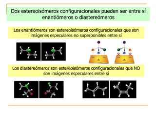 Dos estereoisómeros configuracionales pueden ser entre sí
             enantiómeros o diastereómeros

 Los enantiómeros son estereoisómeros configuracionales que son
         imágenes especulares no superponibles entre sí




Los diastereómeros son estereoisómeros configuracionales que NO
               son imágenes especulares entre sí
 