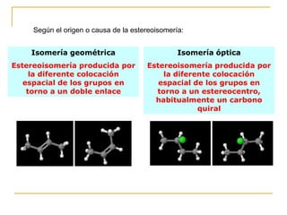 Según el origen o causa de la estereoisomería:


    Isomería geométrica                          Isomería óptica
Estereoisomería producida por          Estereoisomería producida por
     la diferente colocación               la diferente colocación
   espacial de los grupos en              espacial de los grupos en
    torno a un doble enlace              torno a un estereocentro,
                                         habitualmente un carbono
                                                    quiral
 