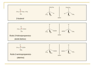 2-butanol




Ácido 2-hidroxipropanoico
     (ácido láctico)




Ácido 2-aminopropanoico
        (alanina)
 