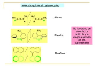 Moléculas quirales sin estereocentro




                               Alenos



                                              No hay plano de
                                                simetría. La
                               Bifenilos       molécula y su
                                             imagen especular
                                                  no son
                                               superponibles



                                Binaftilos
 