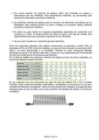  Por norma general, las tuberías de plástico están más limitadas en presión y
    temperatura que las metálicas. Para temperaturas extremas, es conveniente usar
    racores de compresión y conductos metálicos.

   Se preferirán tuberias de plástico para la conexión de elementos neumáticos por su
    flexibilidad. Este material permite su corte a medida y la conexión rápida mediante
    enchufes y conductos metálicos.

   El cobre se usara donde se requieran propiedades especiales de resistencia a la
    corrosión y al calor. El sistema hecho de cobre es rígido, pero fácil de instalar. Son
    relativamente caros para diámetros superiores de 30 milímetros.

   Se usa acero cuando son necesarios grandes diámetros.

Entre los materiales plásticos más usados, encontramos la poliamida o nailon (PA), el
poliuretano (PU) y el PVC. Entre los metálicos, se usan el cobre recocido y el semiduro (half-
hard) y el acero galvanizado y el inoxidable. También se usan mangueras flexibles
fabricadas de goma o de plástico reforzado, ya que son muy adecuadas para herramientas
de mano por la libertad de movimientos que confieren.
En la tabla se detallan las presiones máximas de trabajo en bares de estos materiales, en
función del diámetro exterior del tubo:




En las industrias son muy frecuentes los rollos de tubo de plástico PA o PU o muelles
Pneuflex. Estos conductos flexibles, extensibles y retractables se encuentran en una gran
variedad de diámetros y longitudes. Tienen el inconveniente de multiplicar la longitud de tubo
necesaria para un uso concreto, con lo que aumentan las pérdidas de presión y el consumo
energético.




                                       Página 19 de 19
 