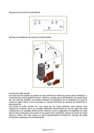 Esquema de circuito en bucle abierto




Ejemplo de instalación de circuito en bucle abierto




Circuito en anillo cerrado
Con este tipo de trazado, la presión es más uniforme en todos los puntos de la instalación, v
la pérdida de presión global es menor. Ademas, puesto que la alimentación se puede hacer
por dos caminos distintos, es posible mantener la explotación de la instalación en caso de
averia en algún tramo si se ha previsto un número suficiente de válvulas de aislamiento o
seccionadoras.
Las lineas en anillo cerrado son mas caras que las líneas abiertas, pues incluyen más
longitud de conducto, pero las ventajas anteriores recomiendan su uso en redes de cierta
importancia o en aquéllas donde primen criterios como la seguridad o la fiabilidad. En este
tipo de red la inclinación de la línea no se puede hacer monótona, porque el circuito se cierra
sobre sí mismo. Por este motivo, se hace imprescindible el empleo de válvulas de purga
automática, repartidas convenientemente.




                                        Página 4 de 19
 