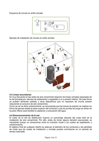 Esquema de circuito en anillo cerrado




Ejemplo de instalación de circuito en anillo cerrado




4.3 Lineas secundarias
Es muy frecuente en las redes de aire comprimido disponer de líneas cerradas separadas de
la red principal por válvulas de aislamiento y reguladas a un a presión inferior. De esta forma
se pueden alimentar pistolas y otros dispositivos que no requieren de mucha presión
reduciendo el consumo de aire comprimido.
Como ya se ha dicho anteriormente, se recomienda que las tomas de presión se realicen en
forma de garrota desde la parte superior del conducto y que los puntos de purga se sitúen en
la parte inferior para facilitar la captación y evacuación del agua.

4.4 Dimensionamiento de la red
El coste de la red de distribución supone un porcentaje elevado del coste total de la
instalación de aire comprimido. Por ello, antes de tomar alguna decisión equivocada, es
importante buscar un compromiso entre la inversión inicial y los costes de explotación y
mantenimiento.
El objetivo final de cualquier diseño es adecuar el diámetro de los conductos y las pérdidas
de modo que los costes de instalación y montaje puedan amortizarse en un periodo de
tiempo razonable.

                                        Página 5 de 19
 