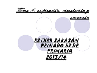 Tema 4: respiración, circulación y
excreción

ESTHER SARASÁN
PEINADO 5º DE
PRIMARIA
2013/14

 