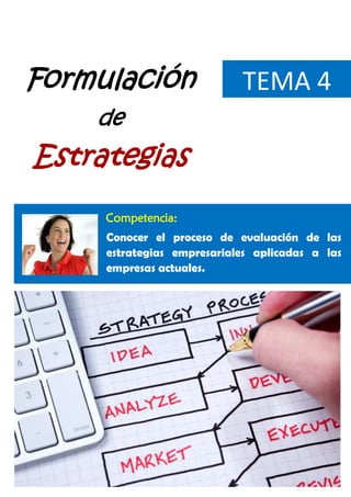 25
TEMA 4
Competencia:
Formulación
de
Estrategias
Conocer el proceso de evaluación de las
estrategias empresariales aplicadas a las
empresas actuales.
 