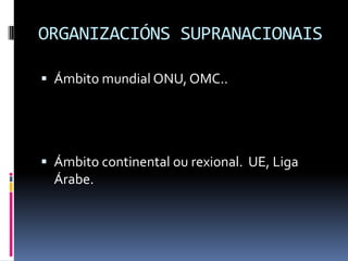 ORGANIZACIÓNS SUPRANACIONAIS

 Ámbito mundial ONU, OMC..




 Ámbito continental ou rexional. UE, Liga
  Árabe.
 