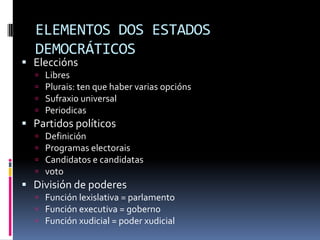 ELEMENTOS DOS ESTADOS
  DEMOCRÁTICOS
 Eleccións
     Libres
     Plurais: ten que haber varias opcións
     Sufraxio universal
     Periodicas
 Partidos políticos
     Definición
     Programas electorais
     Candidatos e candidatas
     voto
 División de poderes
   Función lexislativa = parlamento
   Función executiva = goberno
   Función xudicial = poder xudicial
 