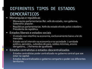 DIFERENTES TIPOS DE ESTADOS
   DEMOCRÁTICOS
 Monarquías e repúblicas
    Monarquías parlamentarias.Rei: xefe do estado, non goberna.
     Soberanía popular.
    Repúblicas parlamentarias. Xefe do estado elixido polos cidadáns.
     Presidente da república.
 Estados liberais e estados sociais
    O estado non interfire na economía, exclusivamente baixo a lei do
     mercado.
    Estado social intervén na economía e na sociedade. ( sanidade
     pública, pensións,, subsidios de paro, soldos mínimos, ensino
     obrigatorio,…) fomento de igualdade.
 Estados centralistas e estados descentralizados
    Estados centralistas poder centralizado no goberno central que soe
     estar na capital.
    Estados descentralizados o goberno comparte o poder cos diferentes
     territorios.
 