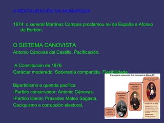 A RESTAURACIÓN DA MONARQUÍA
1874: o xeneral Martínez Campos proclamou rei de España a Afonso
de Borbón.
O SISTEMA CANOVISTA
Antonio Cánovas del Castillo. Pacificación.
A Constitución de 1876
Carácter moderado. Soberanía compartida. Flexibilidade.
Bipartidismo e quenda pacífica
-Partido conservador: Antonio Cánovas.
-Partido liberal; Práxedes Mateo Sagasta.
Caciquismo e corrupción electoral,
 