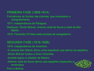PRIMEIRA FASE (1808-1814)
Formáronse as Xuntas nas colonias, que comezaron a
autogobernarse.
1811: independencia de Paraguai.
Destacan: Simón Bolívar, Antonio José de Sucre e José de San
Martín.
1814: Fernando VII freou este proceso de autogoberno.
SEGUNDA FASE (1816-1826)
1816: independencia de Arxentina.
-O xeneral San Martín dirixiu unha expedicón que derrou ós españois,
-Simón Bolívar fundou a Gran Colombia,
-Iturbide logrou a rebelión de México.
-Antonio José de Sucre derrou aos españois (Ayacucho) e
emancipou
Perú e Bolivia.
 