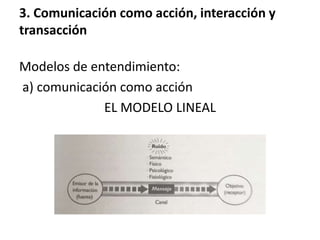 3. Comunicación como acción, interacción y
transacción
Modelos de entendimiento:
a) comunicación como acción
EL MODELO LINEAL
 