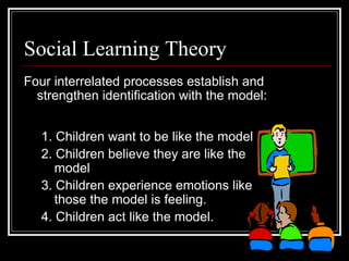 Social Learning Theory
Four interrelated processes establish and
strengthen identification with the model:
1. Children want to be like the model
2. Children believe they are like the
model
3. Children experience emotions like
those the model is feeling.
4. Children act like the model.
 