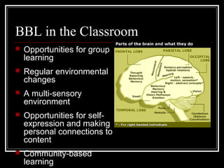 BBL in the Classroom
 Opportunities for group
learning
 Regular environmental
changes
 A multi-sensory
environment
 Opportunities for self-
expression and making
personal connections to
content
 Community-based
learning
 