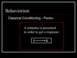 Behaviorism
 Classical Conditioning - Pavlov
S R
A stimulus is presented
in order to get a response:
 