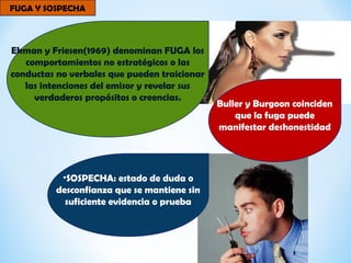 FUGA Y SOSPECHA
Ekman y Friesen(1969) denominan FUGA los
comportamientos no estratégicos o las
conductas no verbales que pueden traicionar
las intenciones del emisor y revelar sus
verdaderos propósitos o creencias.
Buller y Burgoon coinciden
que la fuga puede
manifestar deshonestidad
•SOSPECHA: estado de duda o
desconfianza que se mantiene sin
suficiente evidencia o prueba
 