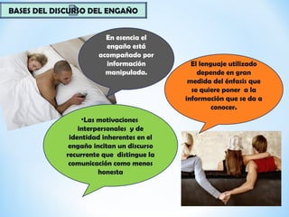 BASES DEL DISCURSO DEL ENGAÑO
En esencia el
engaño está
acompañado por
información
manipulada.
El lenguaje utilizado
depende en gran
medida del énfasis que
se quiere poner a la
información que se da a
conocer.
•Las motivaciones
interpersonales y de
identidad inherentes en el
engaño incitan un discurso
recurrente que distingue la
comunicación como menos
honesta
 