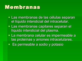 Membranas <ul><li>Las membranas de las células separan el líquido intersticial del intracelular. </li></ul><ul><li>Las mem...