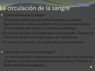 La circulación de la sangre
 ¿Cómo se impulsa la sangre?
   El corazón realiza un movimiento continuo y rítmico
  llamado latido cardiaco mediante el cual impulsa la sangre.
  El movimiento del corazón se realiza en dos fases:
1.El corazón se dilata y la sangre pasa a las aurículas. Después se
  abren las válvulas y la sangre pasa a los ventrículos.
2.El corazón se contrae y la sangre sale de los ventrículos.

 ¿Qué es la circulacion de la sangre?
   La circulacion de la sangre es el recorrido que esta realiza por
  el aparato circulatorio impulsada por el corazón .También se
  llama circulacion sanguínea…
 