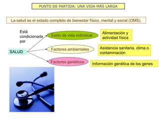 PUNTO DE PARTIDA: UNA VIDA MÁS LARGA La salud es el estado completo de bienestar físico, mental y social (OMS). SALUD Alimentación y actividad física Asistencia sanitaria, clima o contaminación Está condicionada por Información genética de los genes Estilo de vida individual Factores ambientales Factores genéticos 
