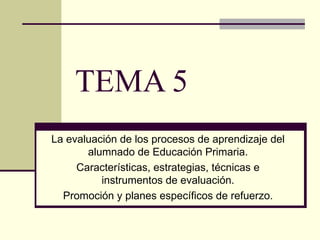 TEMA 5 La evaluación de los procesos de aprendizaje del alumnado de Educación Primaria. Características, estrategias, técnicas e instrumentos de evaluación. Promoción y planes específicos de refuerzo. 