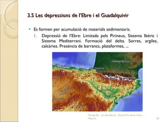 3.5 Les depressions de l’Ebre i el Guadalquivir Es formen per acumulació de materials sedimentaris.  Depressió de l’Ebre: Limitada pels Pirineus, Sistema Ibèric i Sistema Mediterrani. Formació del delta. Sorres, argiles, calcàries. Presència de barrancs, plataformes, ...  Geografia - 2n Batxillerat - Escola Pia Santa Anna - Mataró 
