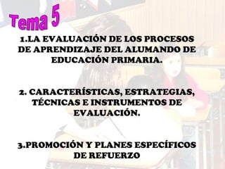Tema 5 1.LA EVALUACIÓN DE LOS PROCESOS DE APRENDIZAJE DEL ALUMANDO DE EDUCACIÓN PRIMARIA. 2. CARACTERÍSTICAS, ESTRATEGIAS, TÉCNICAS E INSTRUMENTOS DE EVALUACIÓN. 3.PROMOCIÓN Y PLANES ESPECÍFICOS DE REFUERZO 