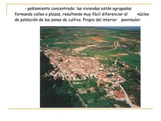 - poblamiento concentrado: las viviendas están agrupadas  formando calles o plazas, resultando muy fácil diferenciar el  núcleo de población de las zonas de cultivo. Propio del interior  peninsular. 