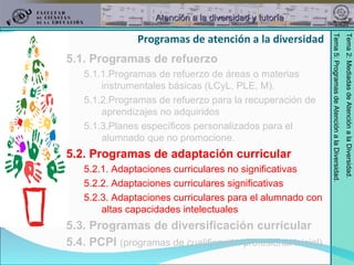 5.1. Programas de refuerzo   5.1.1.Programas de refuerzo de áreas o materias instrumentales básicas (LCyL, PLE, M). 5.1.2.Programas de refuerzo para la recuperación de aprendizajes no adquiridos 5.1.3.Planes específicos personalizados para el alumnado que no promocione. 5.2. Programas de adaptación curricular 5.2.1. Adaptaciones curriculares no significativas 5.2.2. Adaptaciones curriculares significativas 5.2.3. Adaptaciones curriculares para el alumnado con altas capacidades intelectuales 5.3. Programas de diversificación curricular 5.4. PCPI  (programas de cualificación profesional inicial) Programas de atención a la diversidad 
