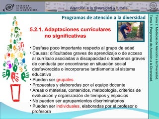 5.2.1. Adaptaciones curriculares  no significativas Desfase poco importante respecto al grupo de edad Causas: dificultades graves de aprendizaje o de acceso  al currículo asociadas a discapacidad o trastornos graves  de conducta por encontrarse en situación social  desfavorecida o incorporarse tardíamente al sistema  educativo Pueden ser  grupales Propuestas y elaboradas por el equipo docente Áreas o materias, contenidos, metodología, criterios de  evaluación y organización de tiempos y espacios No pueden ser agrupamientos discriminatorios Pueden ser  individuales , elaboradas por el profesor o  profesora Programas de atención a la diversidad 