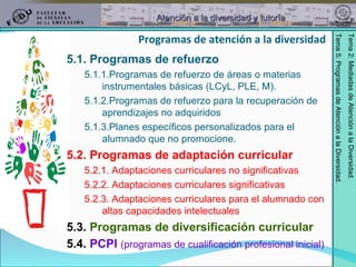 5.1. Programas de refuerzo   5.1.1.Programas de refuerzo de áreas o materias instrumentales básicas (LCyL, PLE, M). 5.1.2.Programas de refuerzo para la recuperación de aprendizajes no adquiridos 5.1.3.Planes específicos personalizados para el alumnado que no promocione. 5.2. Programas de adaptación curricular 5.2.1. Adaptaciones curriculares no significativas 5.2.2. Adaptaciones curriculares significativas 5.2.3. Adaptaciones curriculares para el alumnado con altas capacidades intelectuales 5.3.  Programas de diversificación curricular 5.4.  PCPI  (programas de cualificación profesional inicial) Programas de atención a la diversidad 