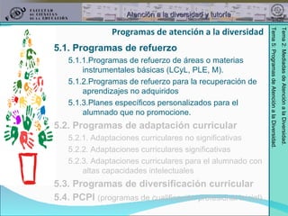 5.1. Programas de refuerzo   5.1.1.Programas de refuerzo de áreas o materias instrumentales básicas (LCyL, PLE, M). 5.1.2.Programas de refuerzo para la recuperación de aprendizajes no adquiridos 5.1.3.Planes específicos personalizados para el alumnado que no promocione. 5.2. Programas de adaptación curricular 5.2.1. Adaptaciones curriculares no significativas 5.2.2. Adaptaciones curriculares significativas 5.2.3. Adaptaciones curriculares para el alumnado con altas capacidades intelectuales 5.3. Programas de diversificación curricular 5.4. PCPI  (programas de cualificación profesional inicial) Programas de atención a la diversidad 