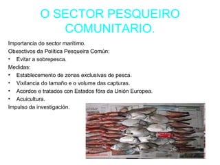 O SECTOR PESQUEIRO
               COMUNITARIO.
Importancia do sector marítimo.
Obxectivos da Política Pesqueira Común:
• Evitar a sobrepesca.
Medidas:
• Establecemento de zonas exclusivas de pesca.
• Vixilancia do tamaño e o volume das capturas.
• Acordos e tratados con Estados fóra da Unión Europea.
• Acuicultura.
Impulso da investigación.
 