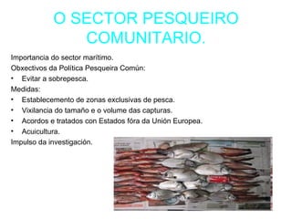 O SECTOR PESQUEIRO
               COMUNITARIO.
Importancia do sector marítimo.
Obxectivos da Política Pesqueira Común:
• E...