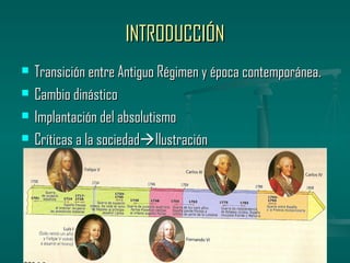 INTRODUCCIÓN
   Transición entre Antiguo Régimen y época contemporánea.
   Cambio dinástico
   Implantación del absolutismo
   Críticas a la sociedadIlustración
 