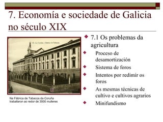 7. Economía e sociedade de Galicia
no século XIX
                                           7.1 Os problemas da
                                            agricultura
                                            Proceso de
                                             desamortización
                                            Sistema de foros
                                            Intentos por redimir os
                                             foros
                                            As mesmas técnicas de
Na Fábrica de Tabacos da Coruña
                                             cultivo e cultivos agrarios
traballaron ao redor de 3000 mulleres
                                            Minifundismo
 