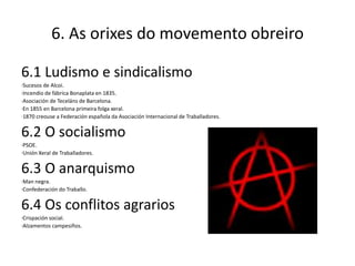 6. As orixes do movemento obreiro

6.1 Ludismo e sindicalismo
·Sucesos de Alcoi.
·Incendio de fábrica Bonaplata en 1835.
·Asociación de Teceláns de Barcelona.
·En 1855 en Barcelona primeira folga xeral.
·1870 creouse a Federación española da Asociación Internacional de Traballadores.


6.2 O socialismo
·PSOE.
·Unión Xeral de Traballadores.


6.3 O anarquismo
·Man negra.
·Confederación do Traballo.


6.4 Os conflitos agrarios
·Crispación social.
·Alzamentos campesiños.
 