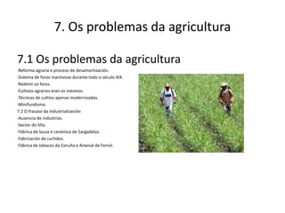 7. Os problemas da agricultura

7.1 Os problemas da agricultura
·Reforma agraria e proceso de desamortización.
·Sistema de foros mantivose durante todo o século XIX.
·Redimir os foros.
·Cultivos agrarios eran os mesmos.
·Técnicas de cultivo apenas modernizadas.
·Minifundismo.
7.2 O fracaso da industrialización
·Ausencia de industrias.
·Sector do liño.
·Fábrica de louza e cerámica de Sargadelos.
·Fabricación de curtidos.
·Fábrica de tabacos da Coruña e Arsenal de Ferrol.
 