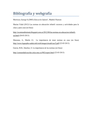Bibliografía y webgrafía
Morrison, George S.(2005) Educación Infantil , Madrid: Pearson

Marian Vidal (2012) Las normas en educación infantil: recursos y actividades para la
clase y para casa (en línea)

http://aventuradiminuta.blogspot.com.es/2012/08/las-normas-en-educacion-infantil-
un.html (20-03-2013)

Manzana, A., Martín J.L        La importancia de tener normas en casa (en línea)
http://www.legazpiko-udala.info/web/images/etxadi/cas/2.pdf (22-03-2013)

García, M.B., Sánchez, S. La importancia de las normas (en línea)

http://comunidad-escolar.cnice.mec.es/902/experi.html (22-03-2013)
 