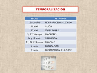 TEMPORALIZACIÓN


    FECHA                 ACTIVIDAD
  16 y 19 abril   FICHA PROCESO SELECCIÓN
    26 abril      GUIÓN
    30 abril      STORY BOARD
 3, 7 Y 10 mayo   MAQUETAS
 14 y 17 mayo     GRABACIÓN
21, 24 Y 28 mayo MONTAJE
    4 junio       PUBLICACIÓN
    7 junio       PRESENTACIÓN A LA CLASE




                                            4
 