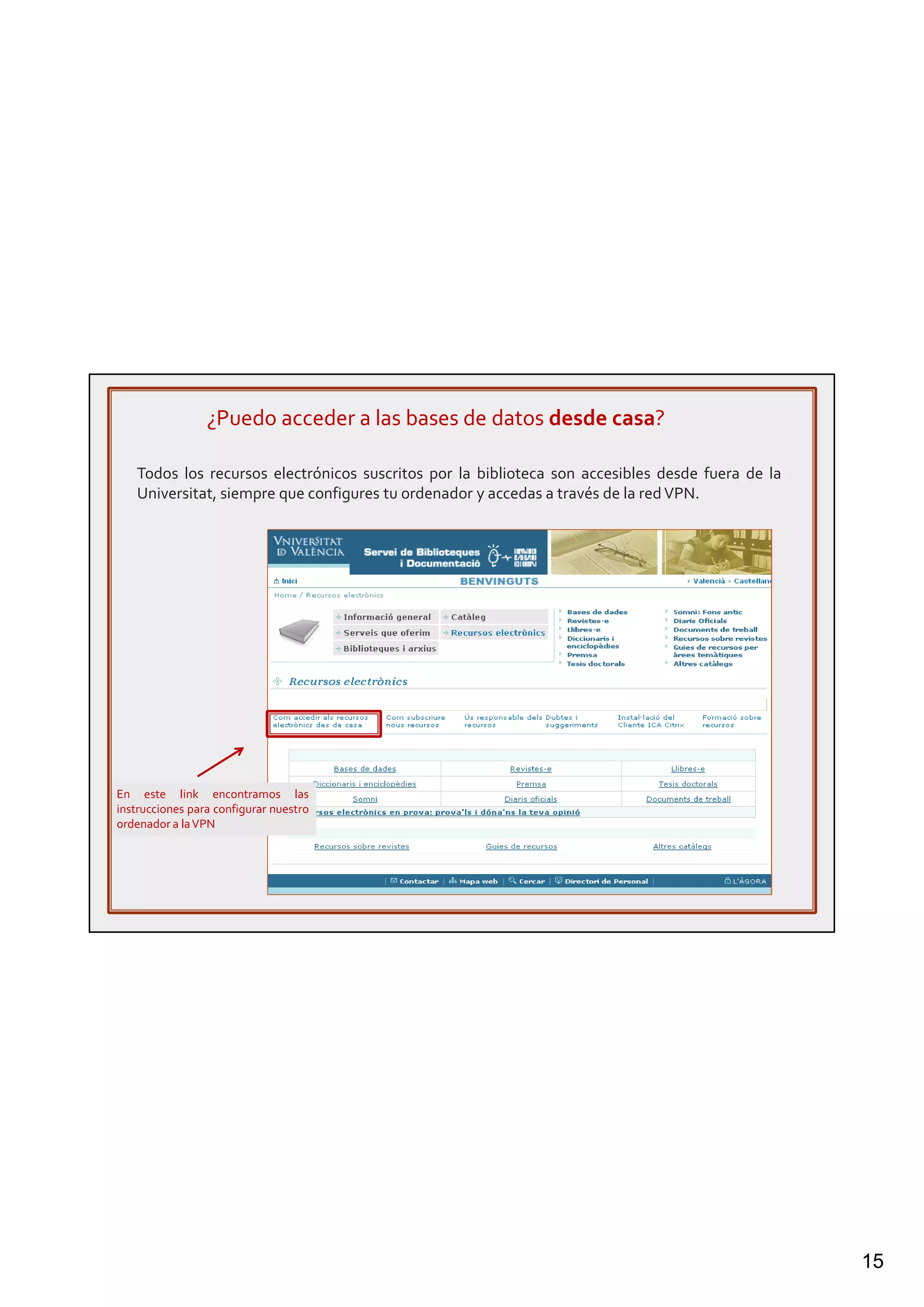15
¿Puedo acceder a las bases de datos desde casa?
Todos los recursos electrónicos suscritos por la biblioteca son accesibles desde fuera de la
Universitat, siempre que configures tu ordenador y accedas a través de la redVPN.
En este link encontramos las
instrucciones para configurar nuestro
ordenador a laVPN
 