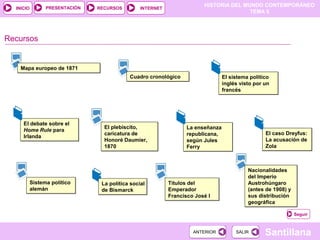 HISTORIA DEL MUNDO CONTEMPORÁNEO
TEMA 5
RECURSOS INTERNETPRESENTACIÓN
Santillana
INICIO
SALIRSALIRANTERIORANTERIOR
Cuadro cronológicoCuadro cronológico
Recursos
El sistema político
inglés visto por un
francés
El sistema político
inglés visto por un
francés
El debate sobre el
Home Rule para
Irlanda
El debate sobre el
Home Rule para
Irlanda
El plebiscito,
caricatura de
Honoré Daumier,
1870
El plebiscito,
caricatura de
Honoré Daumier,
1870
La enseñanza
republicana,
según Jules
Ferry
La enseñanza
republicana,
según Jules
Ferry
El caso Dreyfus:
La acusación de
Zola
El caso Dreyfus:
La acusación de
Zola
Sistema político
alemán
Sistema político
alemán
La política social
de Bismarck
La política social
de Bismarck
Títulos del
Emperador
Francisco José I
Títulos del
Emperador
Francisco José I
Nacionalidades
del Imperio
Austrohúngaro
(antes de 1908) y
sus distribución
geográfica
Nacionalidades
del Imperio
Austrohúngaro
(antes de 1908) y
sus distribución
geográfica
Mapa europeo de 1871Mapa europeo de 1871
Seguir
 