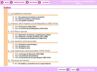 HISTORIA DEL MUNDO CONTEMPORÁNEO
TEMA 5
RECURSOS INTERNETPRESENTACIÓN
Santillana
INICIO
SALIRSALIRANTERIORANTERIOR
1.- La Inglaterra victoriana
1.1.- Una potencia económica y territorial
1.2.- Apertura política y reformismo
1.3.- La cuestión irlandesa
2.- Francia: del II Imperio a la III República (1852-1914)
2.1.- El II Imperio (1852-1870)
2.2.- La Francia de la III República (1870-1914)
3.- El II Reich alemán
3.1.- Expansión económica y organización política
3.2.- Bismarck, canciller del Reich (1871-1890)
3.3.- La Alemania de Guillermo II (1890-1914)
Índice
4.- Los imperios plurinacionales
4.1.- El Imperio austrohúngaro
4.2.- El Imperio ruso
4.3.- El Imperio turco
5.- Las relaciones internacionales (1870-1914)
5.1.- La Europa de Bismarck (1870-1890)
5.2.- Los sistemas bismarkianos
5.3.- La formación de los dos bloques (1893-1914)
6.- Técnicas de historia
6.1.- El análisis y comentario de un mapa histórico
 