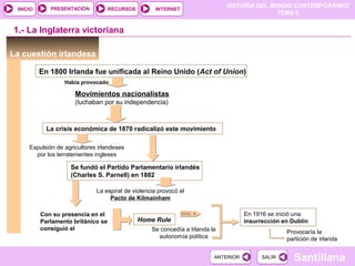 HISTORIA DEL MUNDO CONTEMPORÁNEO
TEMA 5
RECURSOS INTERNETPRESENTACIÓN
Santillana
INICIO
SALIRSALIRANTERIORANTERIOR
La cuestión irlandesa
DOC. 4
En 1800 Irlanda fue unificada al Reino Unido (Act of Union)
Movimientos nacionalistas
(luchaban por su independencia)
Había provocado
1.- La Inglaterra victoriana
La crisis económica de 1870 radicalizó este movimiento
Se fundó el Partido Parlamentario irlandés
(Charles S. Parnell) en 1882
Expulsión de agricultores irlandeses
por los terratenientes ingleses
La espiral de violencia provocó el
Pacto de Kilmainham
Con su presencia en el
Parlamento británico se
consiguió el
Home Rule
Se concedía a Irlanda la
autonomía política
En 1916 se inició una
insurrección en Dublín
Provocaría la
partición de Irlanda
 