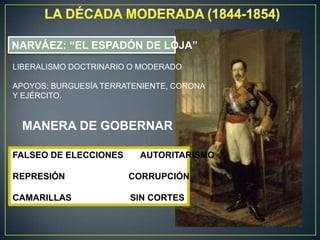 NARVÁEZ: “EL ESPADÓN DE LOJA”
LIBERALISMO DOCTRINARIO O MODERADO
APOYOS: BURGUESÍA TERRATENIENTE, CORONA
Y EJÉRCITO.

MANERA DE GOBERNAR
FALSEO DE ELECCIONES

AUTORITARISMO

REPRESIÓN

CORRUPCIÓN

CAMARILLAS

SIN CORTES

 